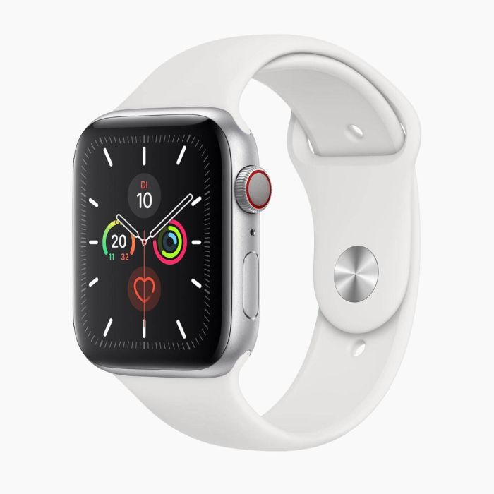 Refurbished Apple Watch Series 5 44 mm aluminium zilver 4G met wit sportbandje